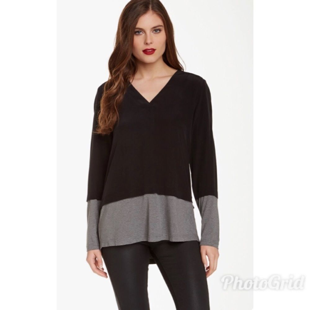 NICOLE MILLER 100% Silk Long Sleeve Top V-Neck Color Block Black Gray Size XS‎